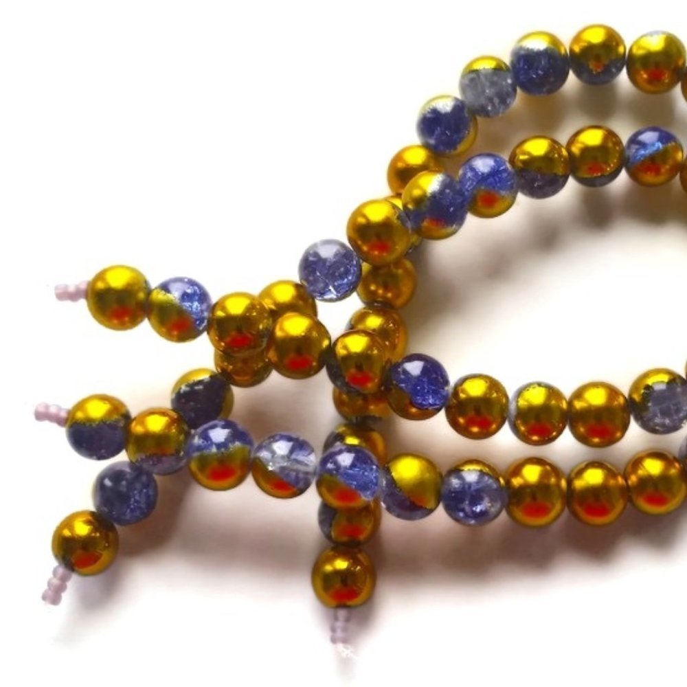 $1 Clearance Blue Wash Crackle Round Gold-tone Plated 10mm Glass Beads (30)